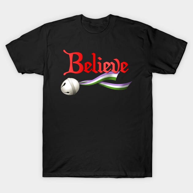 Believe Genderqueer Pride Jingle Bell T-Shirt by wheedesign